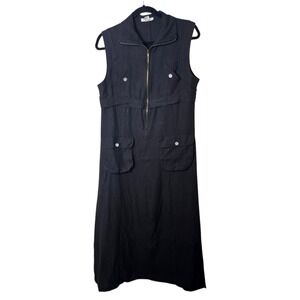 Strada L Black Linen Maxi Dress Sleeveless Pockets Zipper Front Casual Minimal